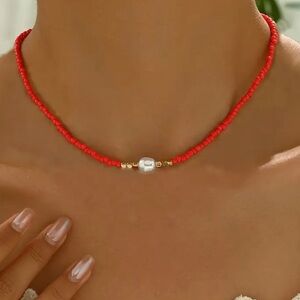 New Red Beaded Necklace with Pearl Accent